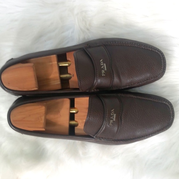 Prada Mens Brown Leather Round Toe Slip On Casual Loafer Shoes Size 10 Coa - Picture 6 of 10